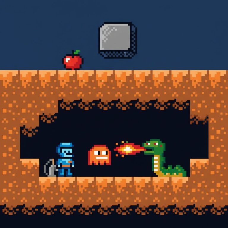 Dig Dug – Atari 2600 (Atari) – Klasyczna gra arcade z tunelem i pompą, która zrewolucjonizowała gatunek diggerów