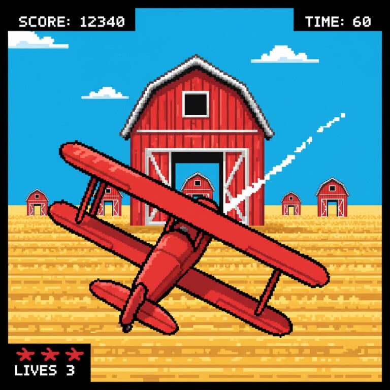 Barnstorming – Atari 2600 (Atari) – Klasyczna symulacja lotnicza z ery pionierów wideo gier, gdzie biplan staje się kluczem do adrenaliny i precyzji