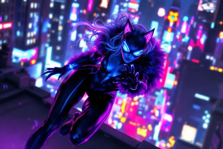 Neonowy szyk Black Cat – kocie motywy w kostiumie z Marvel’s Spider-Man 2